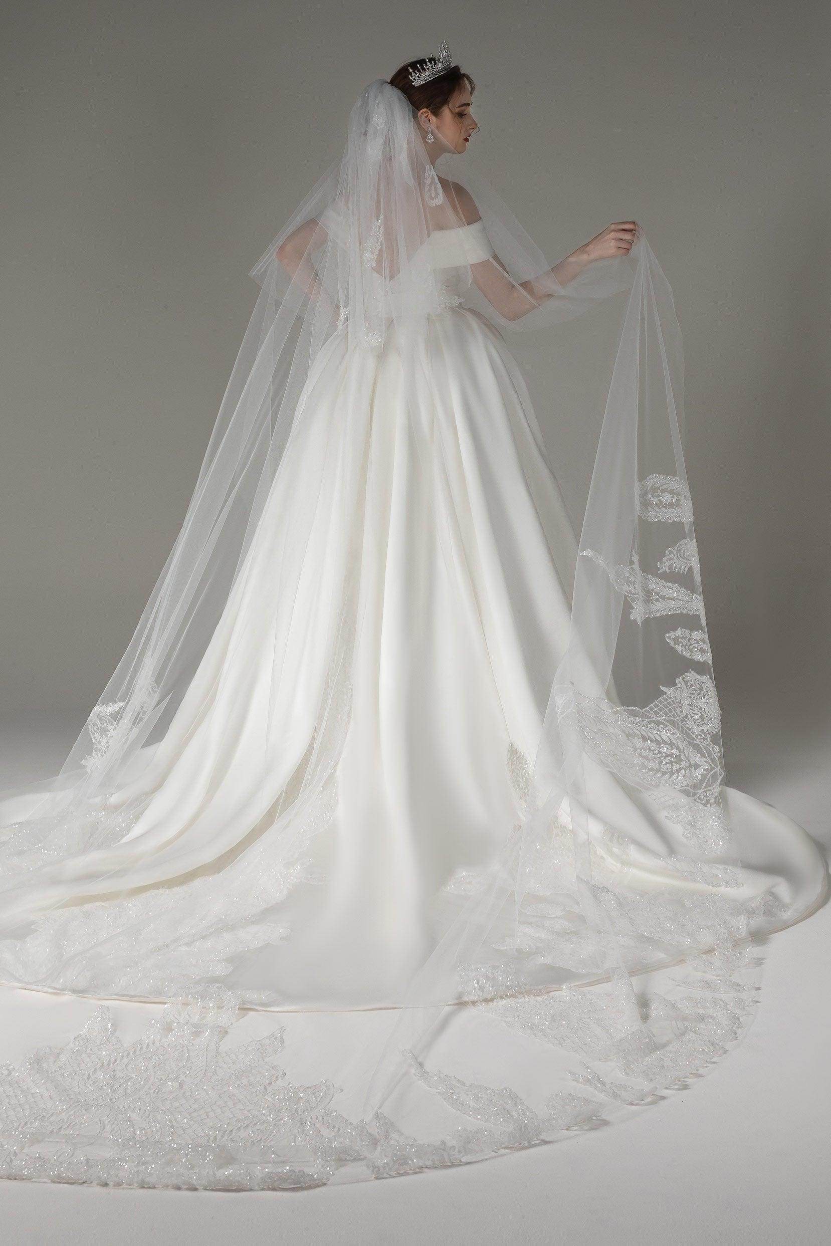 Two-tier Lace Edge Tulle Lace Cathedral Veils with Appliques CV0277 - COCOMELODY